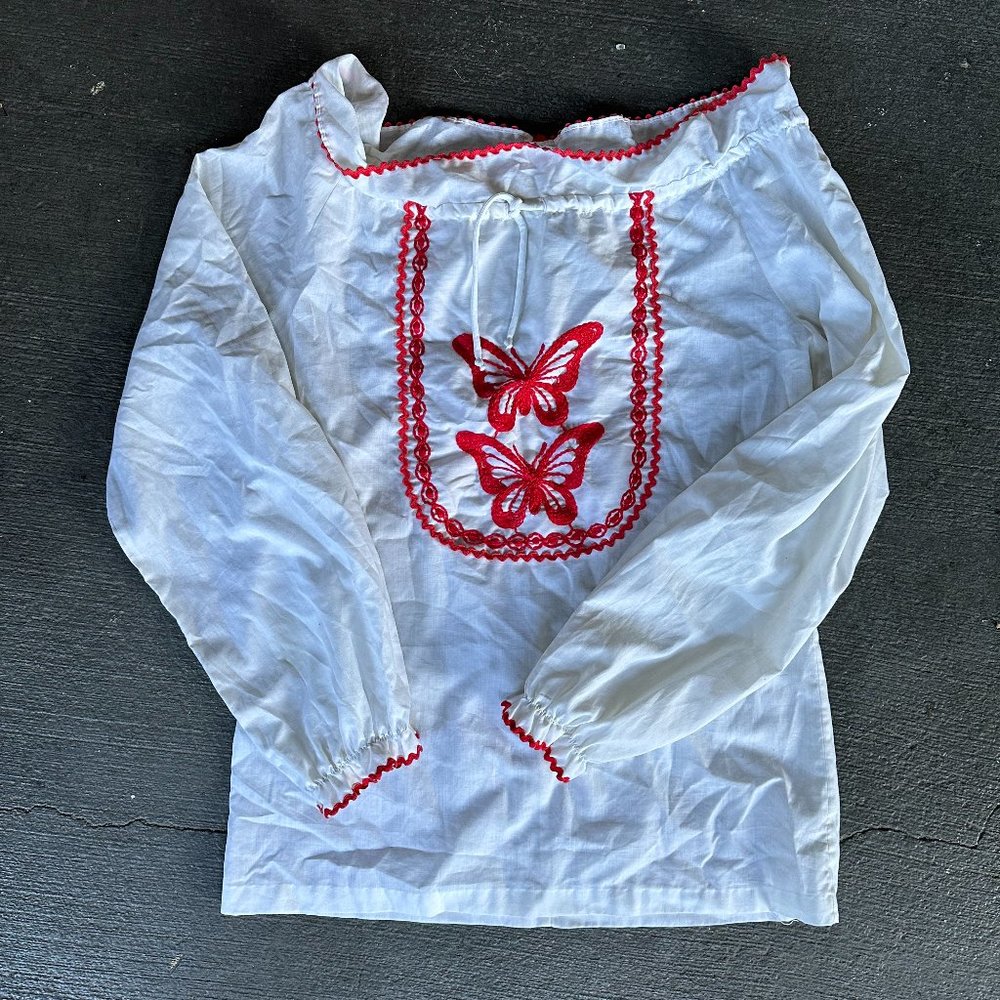 Vintage peasant top with butterfly embroidery